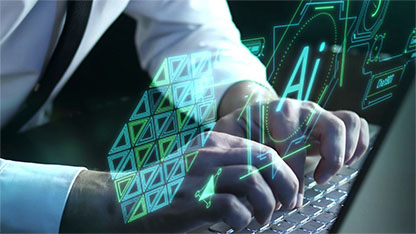 Man typing on computer with AI-related overlay graphics