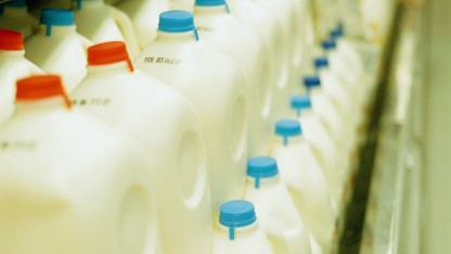 A shelf displays multiple bottles of milk, highlighting safety testing for primary aromatic amines in food contact articles and consumer protection