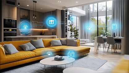 A connected home security system with IoT cameras, motion detectors, and remote monitoring